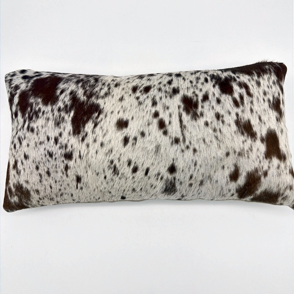Cowhide Pillow Genuine Leather Lumbar Orangey Brown White Spotted  Linen Back